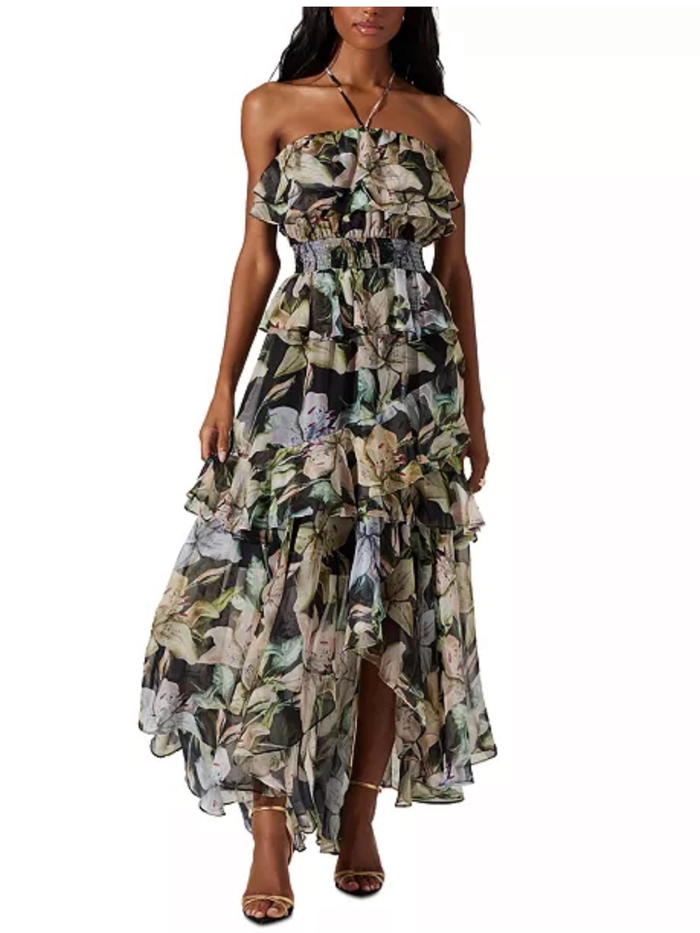 ASTR The Label Elena Floral Ruffle Halter Maxi Dress - Black & Periwinkle